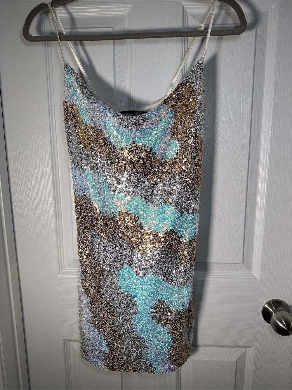 Sequin Cowl Mini Dress in Teal, Silver & Gold